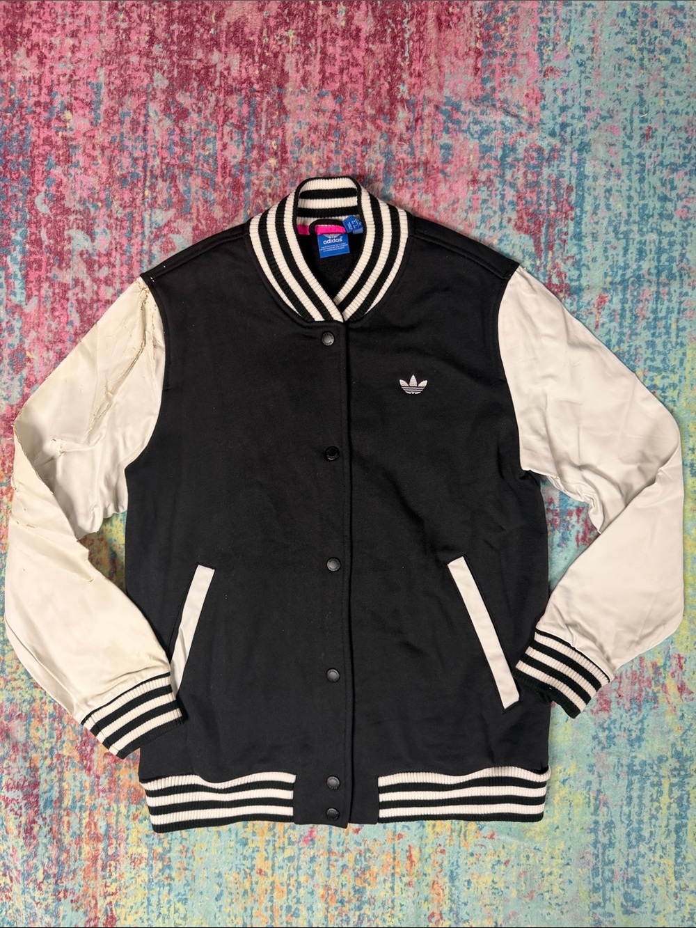 SEE PICTURES! adidas Black and White Varsity Bomber Jacket
